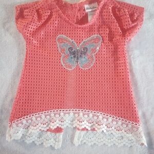 Burnt Orange Mesh- Butterfly- Lace Trim- Open Back- Peach Bow Kids Top